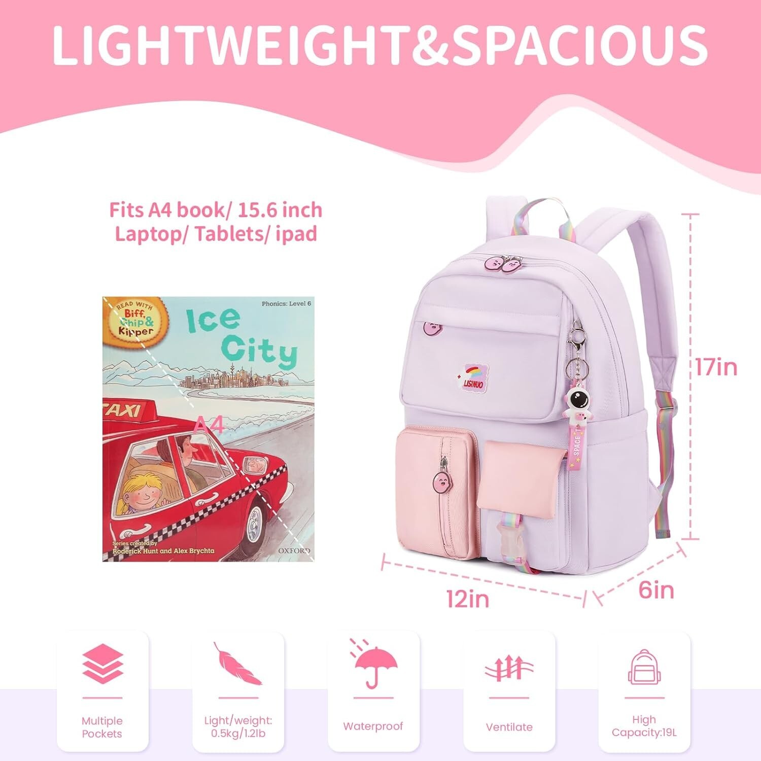 Kids Girls Backpack Back to School 17in Large and Durable Cute Purple