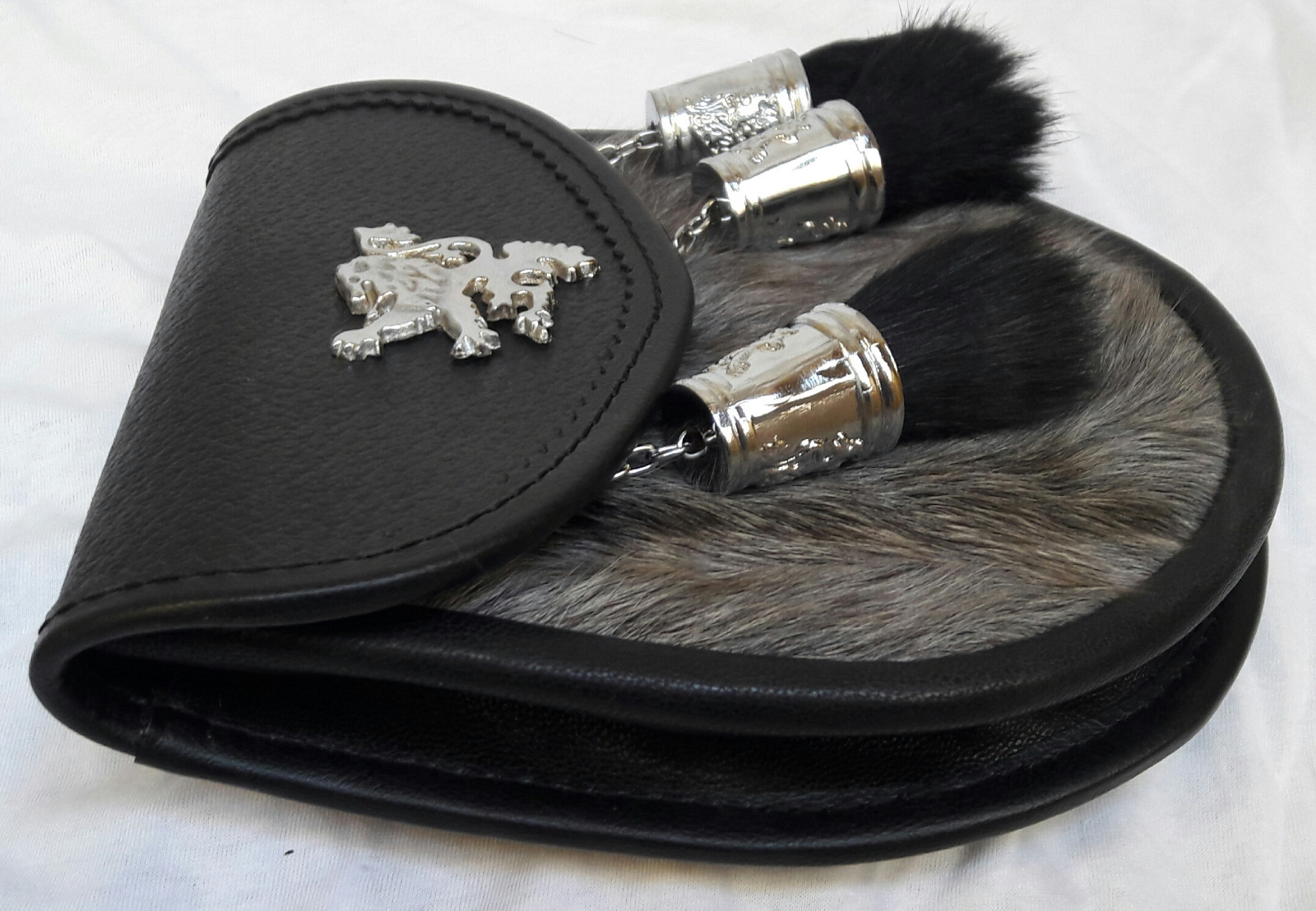 Scottish Kilt Semi Dress Grey Goat Sporran with Rampant Lion & Tassels Caps