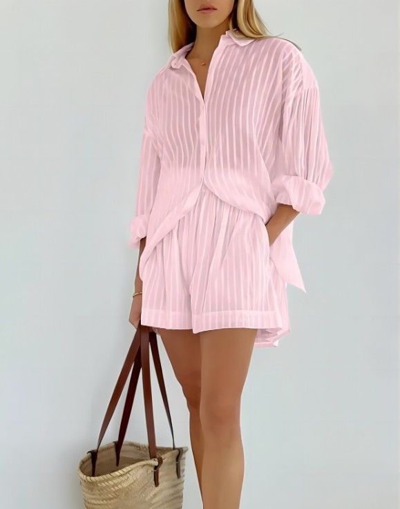 Women Striped 2 Piece Outfit Long Sleeve Button Down Shirt + Casual Short Set