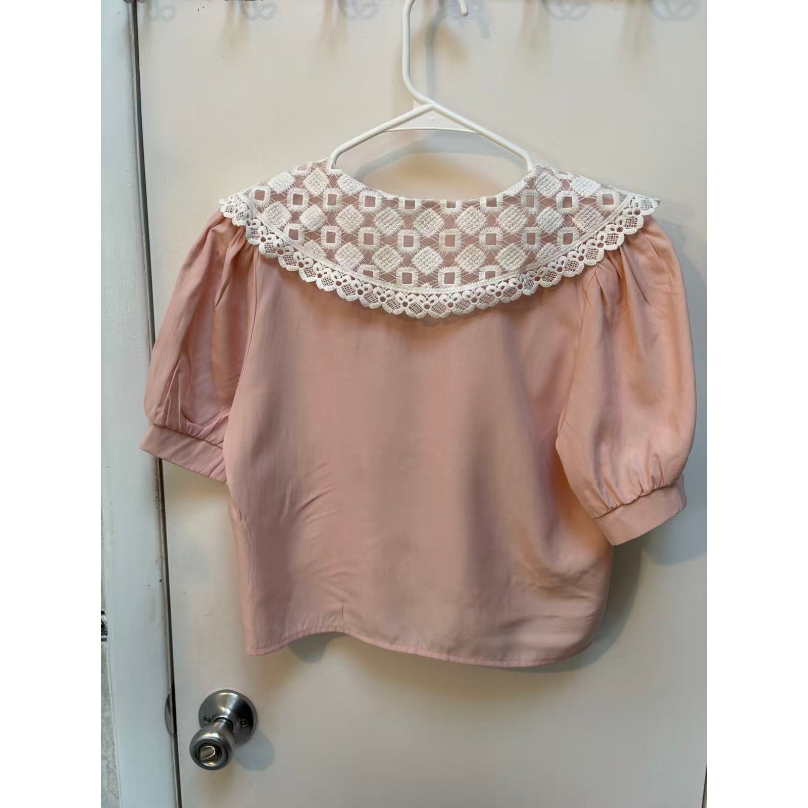 Pink Lace Peter Pan Collar Cropped Blouse Coquette Cottagecore Vintage Top XS