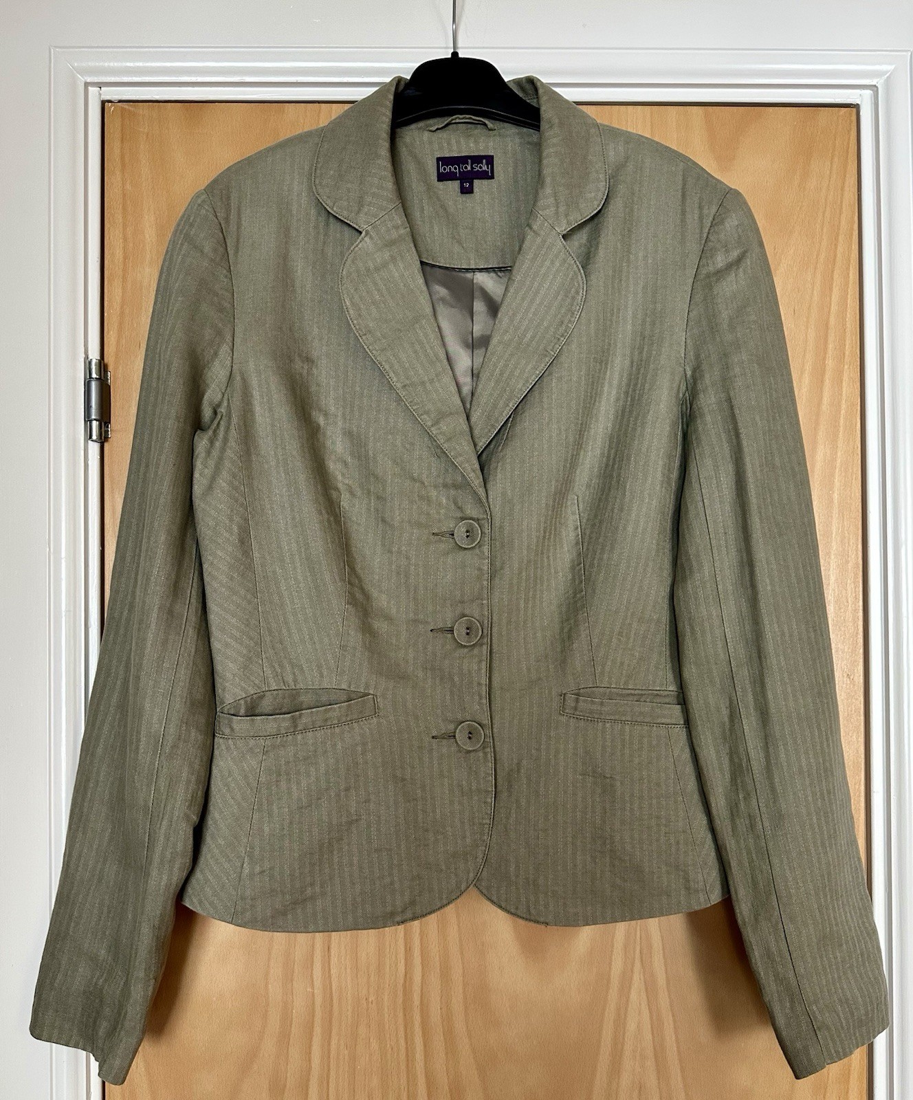 Long Tall Sally Olive Green 100% Linen Pinstripe Blazer UK 12 VGC Fully Lined