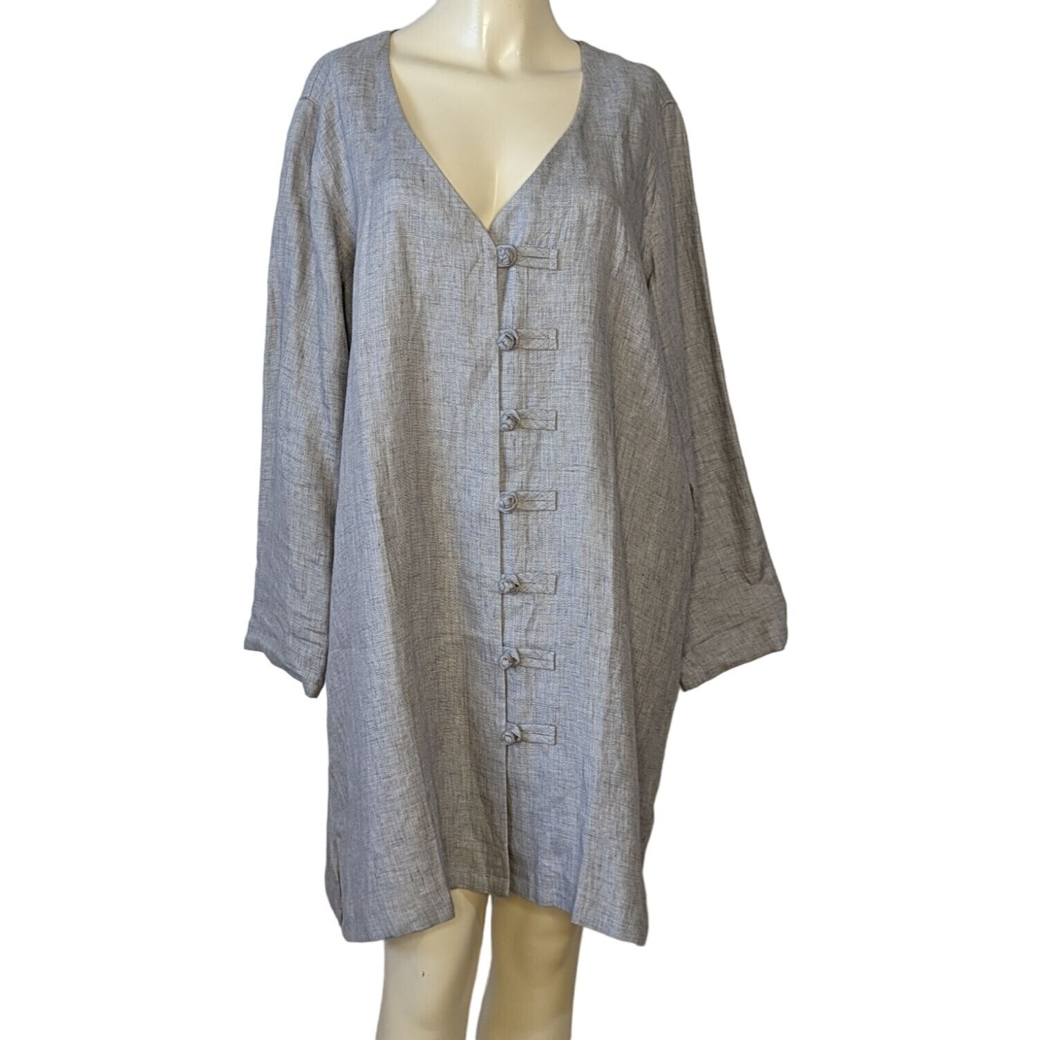 VIVID Natural long sleeve minimalist design button front gray Linen mini dress L