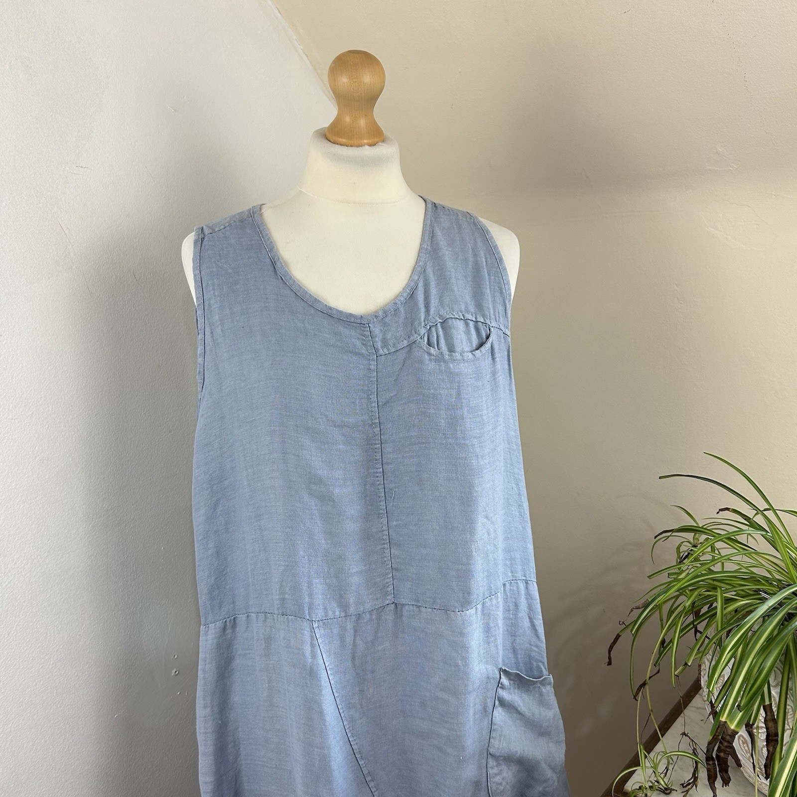 Carina Ricci Linen Dress UK 10 Blue Relaxed Fit Balloon Style Pockets Minimalist
