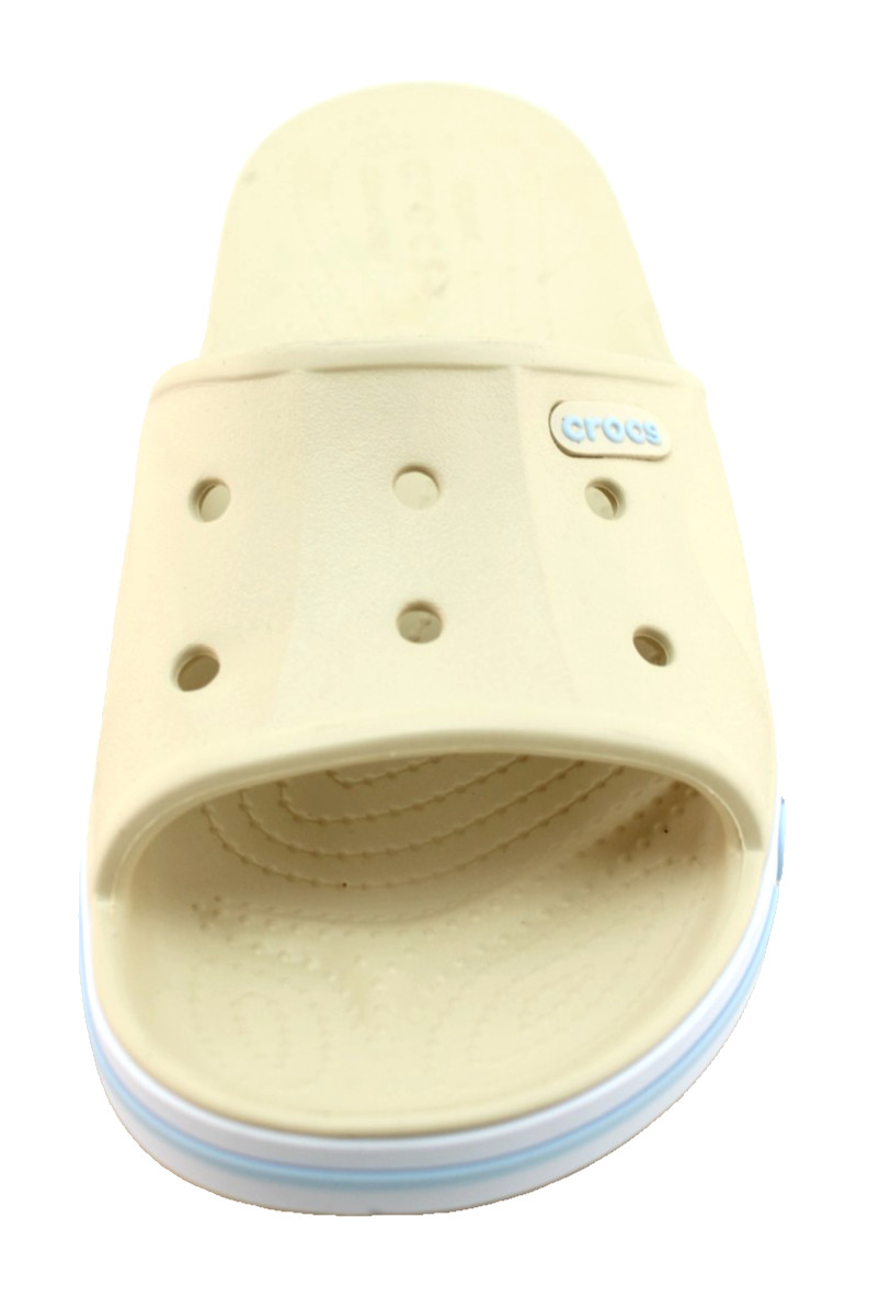 New CROCS Women’s 6 Bayaband Vanilla Cream /Blue Raised Crocs Logo Slide Sandals