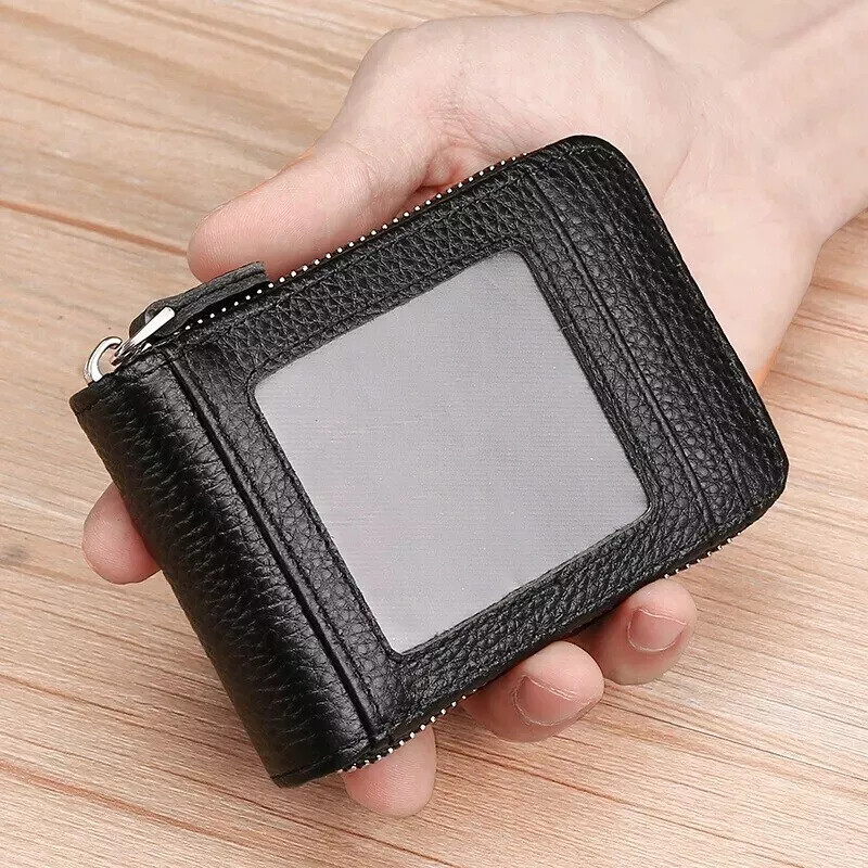 Leather Credit Card Holder RFID-Blocking Zipper Pocket Wallet with ID Window