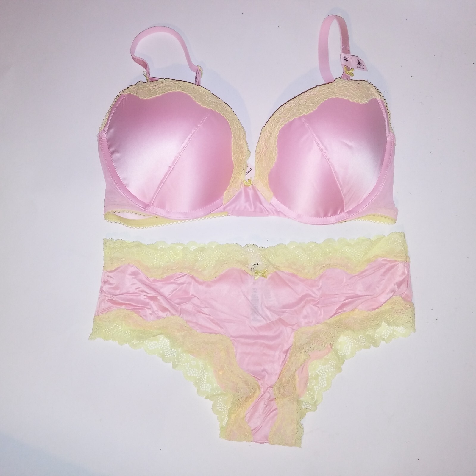 Victoria Secret Bra Set Tease Push Up Cheeky Panty Pink Yellow Lace Trim New