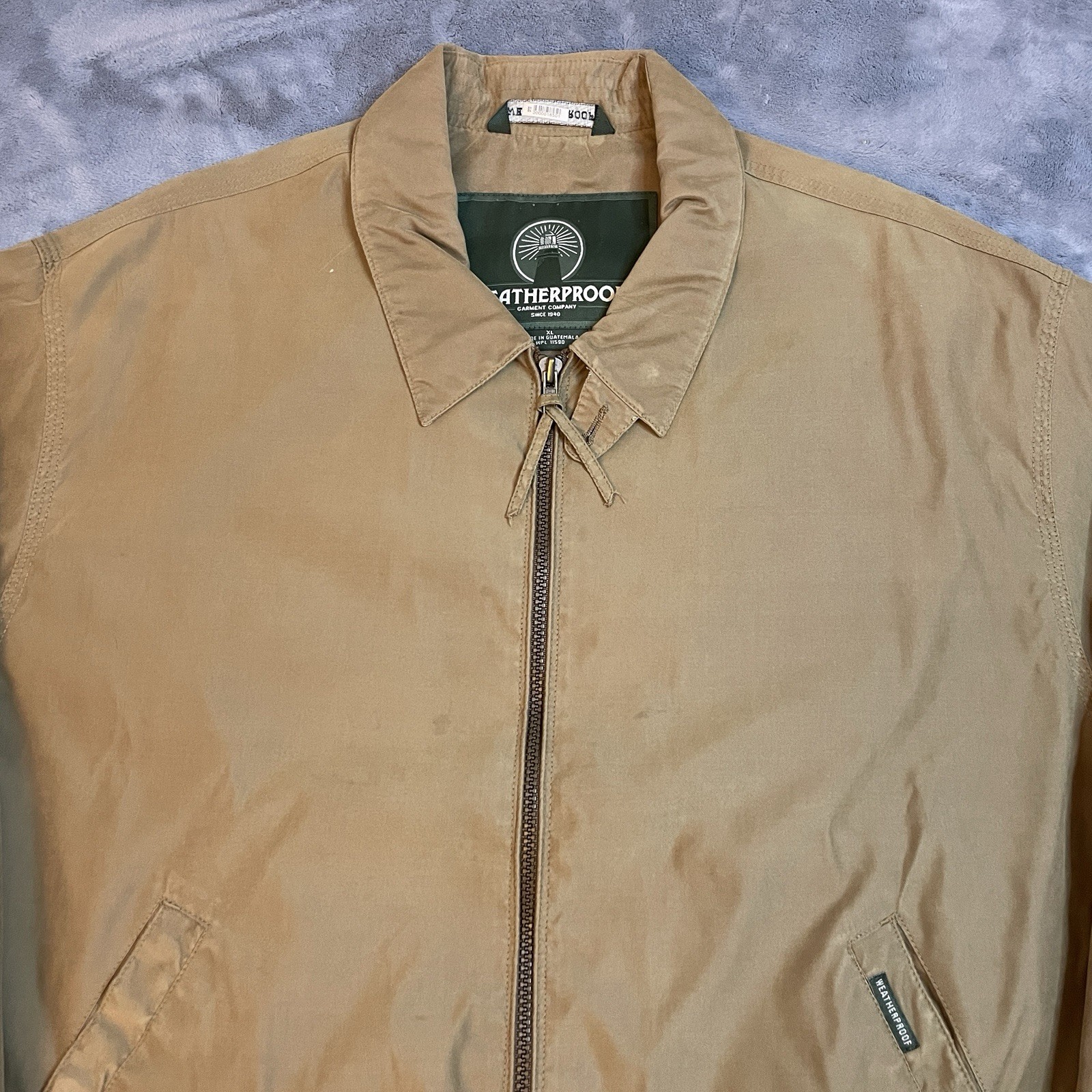 Vintage Weatherproof Bomber Jacket Windbreaker Mens XL Tan Zip Up Pockets Casual