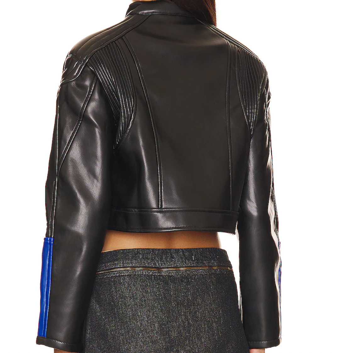 Lioness Moto Biker Cropped Jacket, Size M, Black Blue Faux Leather – $129