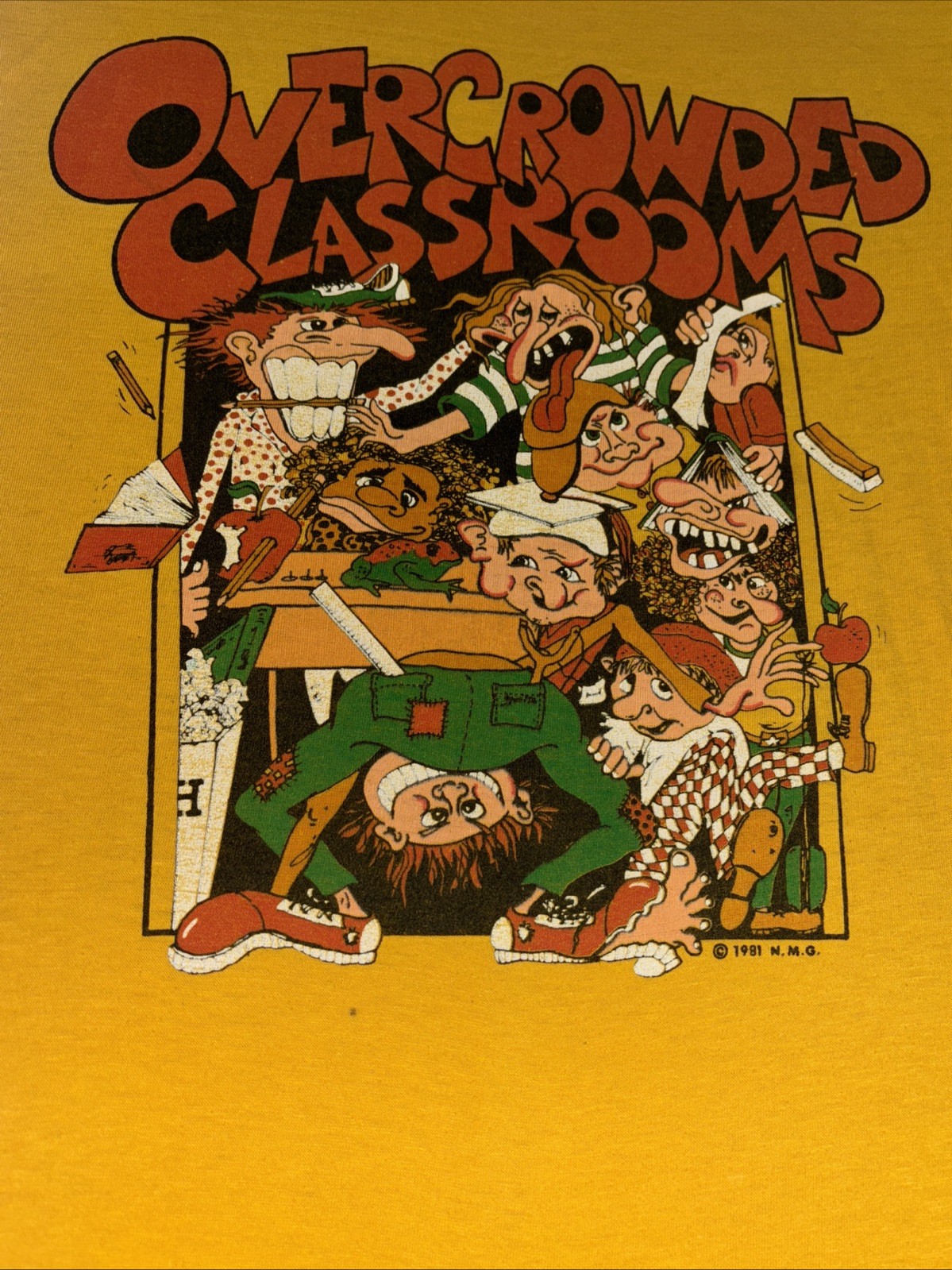 Vintage 1981 Crowded Classrooms School Cartoon Humor Very Rare M/L Yellow
