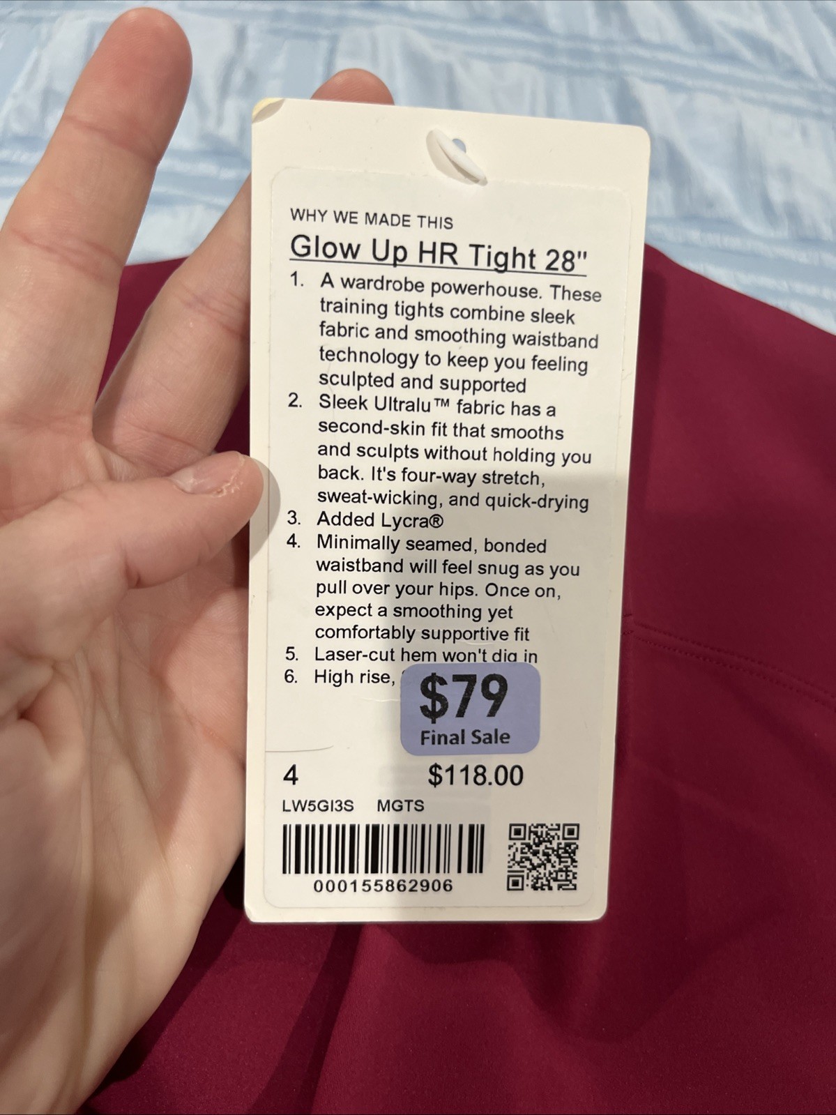 Women’s LULULEMON Magenta Smoke Color Size 4 28in Inseam NWT