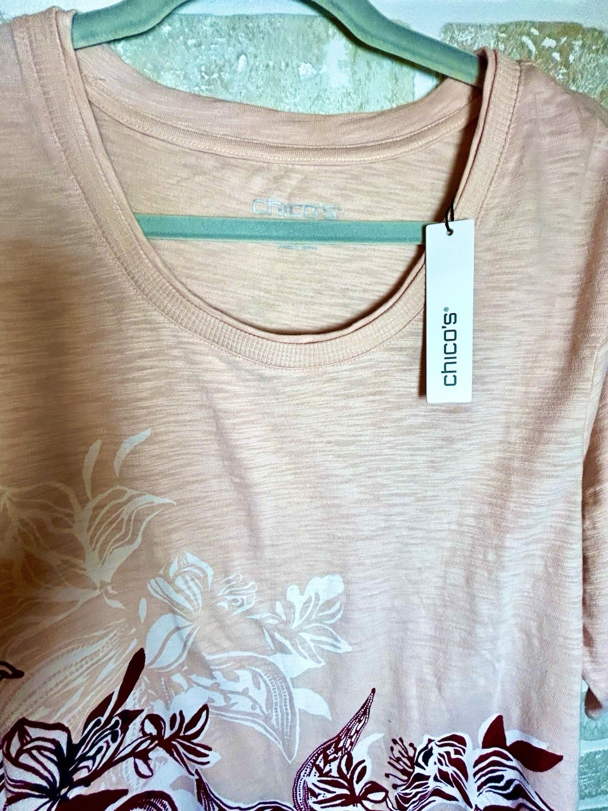 Chico’s Women’s XL Regular Pink Floral Scoop Neck Short Sleeve Cotton T-Shirt
