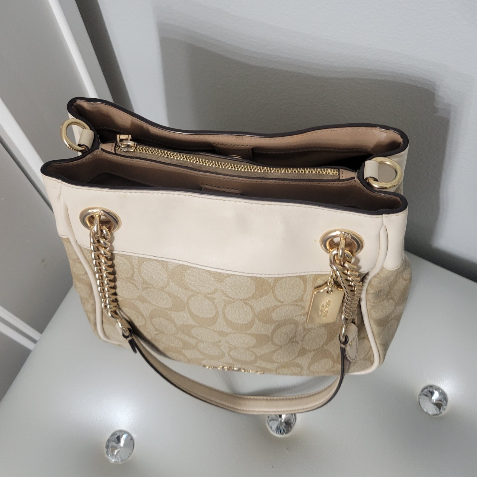COACH Cammie C8152 Beige Signature Canvas & Cream Leather Chain Shoulder Bag