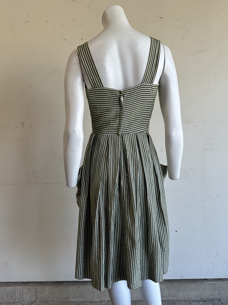 Vintage 50s 60s Olive Striped Summer Day Dress 25” Waist 1950s