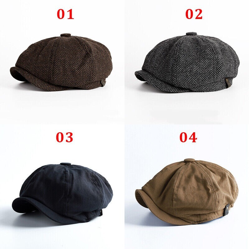 Peaky Blinders Hat Newsboy Flat Cap, Driver, Herringbone Tweed Wool Baker Boy