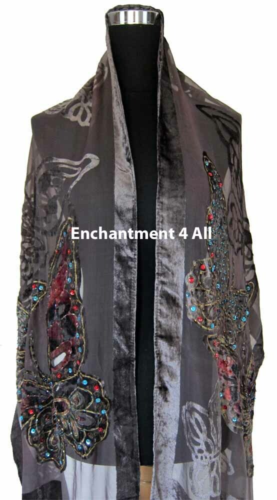 Handmade Beaded Butterfly 100% Silk Velvet Scarf Shawl, Gray