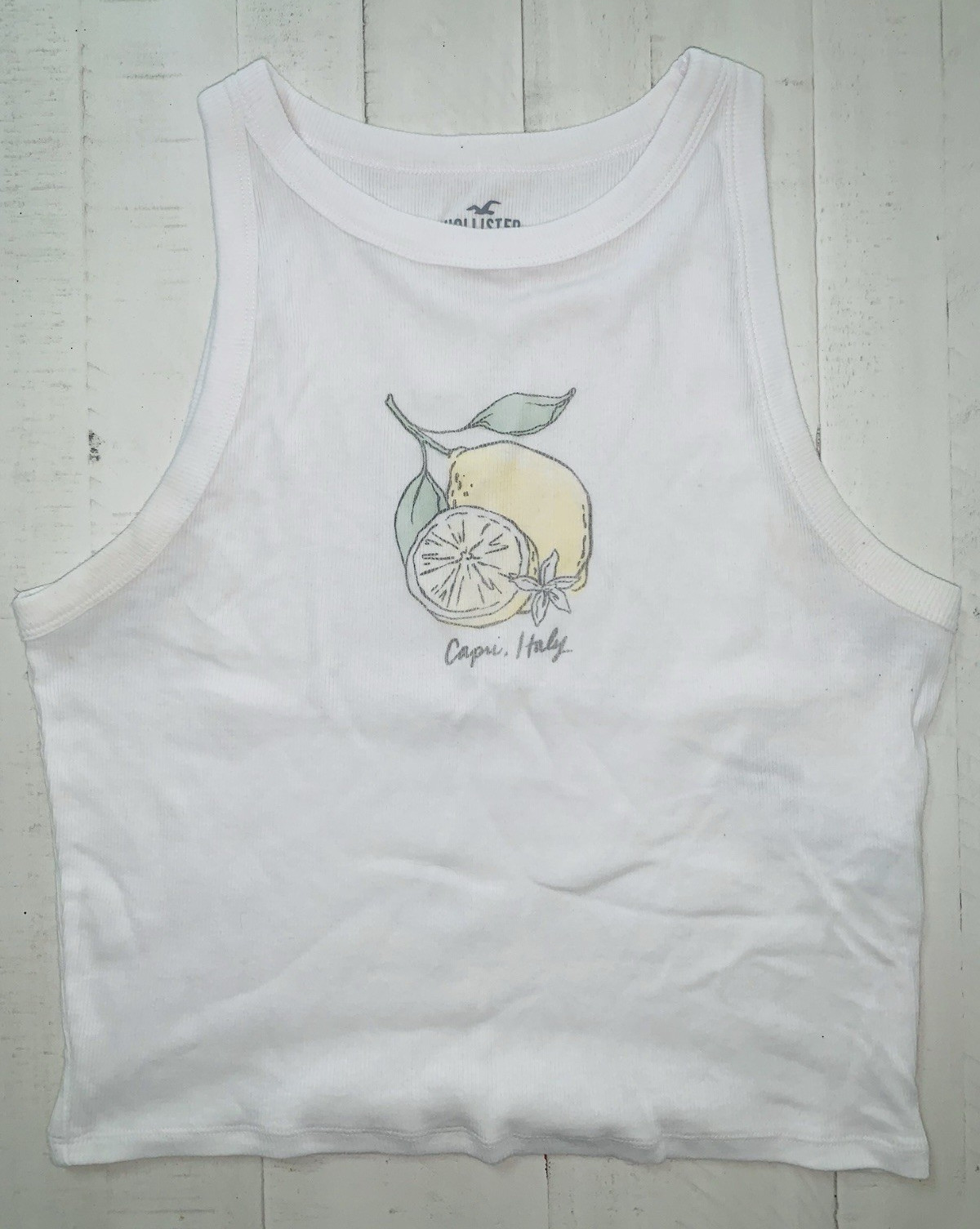 Hollister White Ribbed Knit Cropped Tank Lemon Graphic Capri Italy Size L