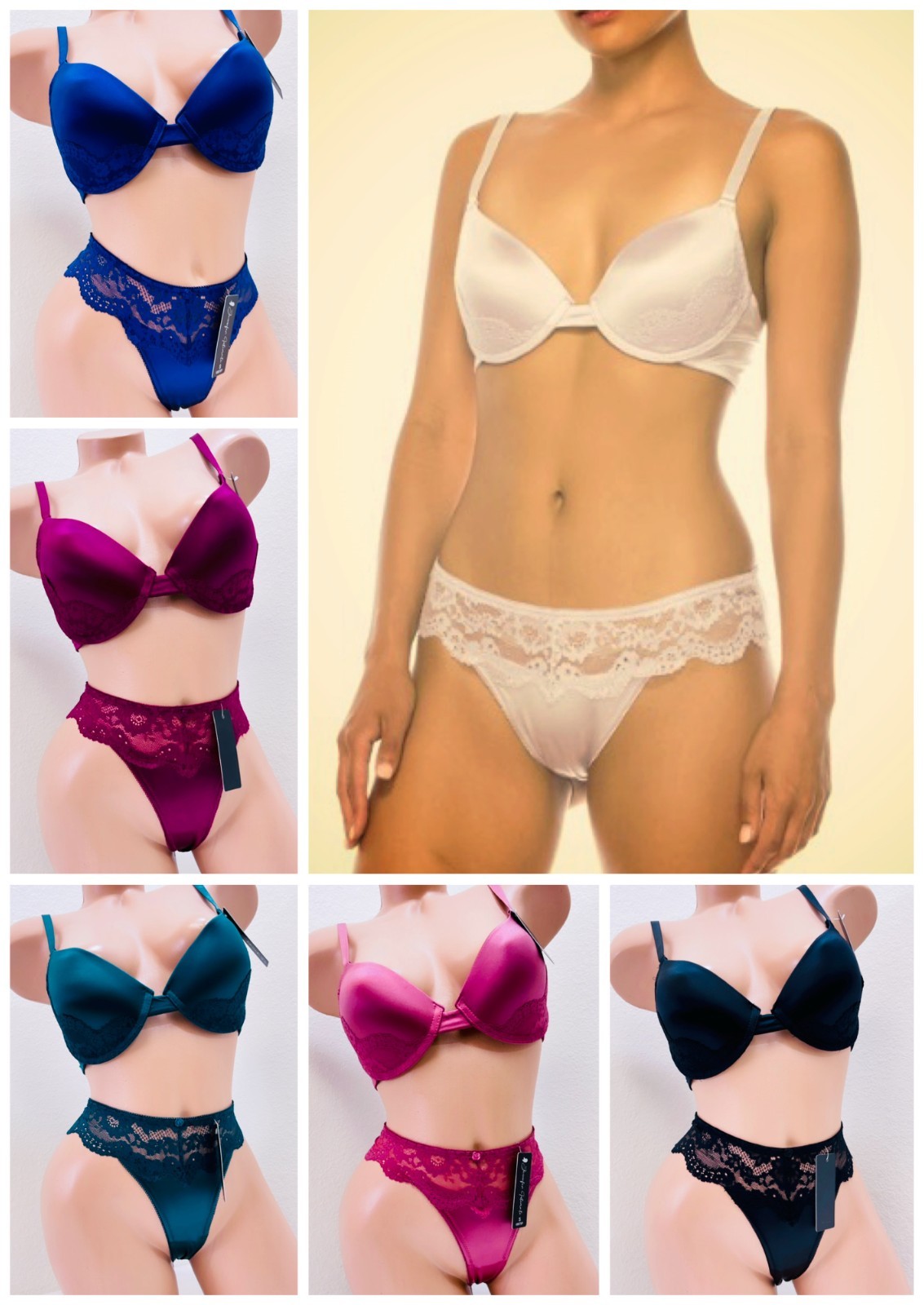 Lot 6 Pcs Women Underwear Satin Intimate Sexy Lace Bra + Panty Set Push-up Bras