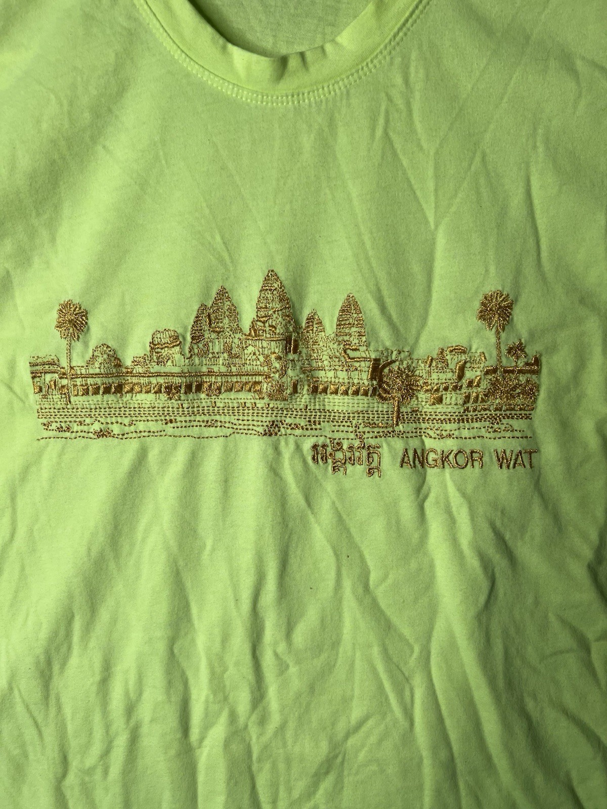 Vintage Cambodia Asia Angkor T-Shirt Lime Green Women’s Size L Embroidery 90s