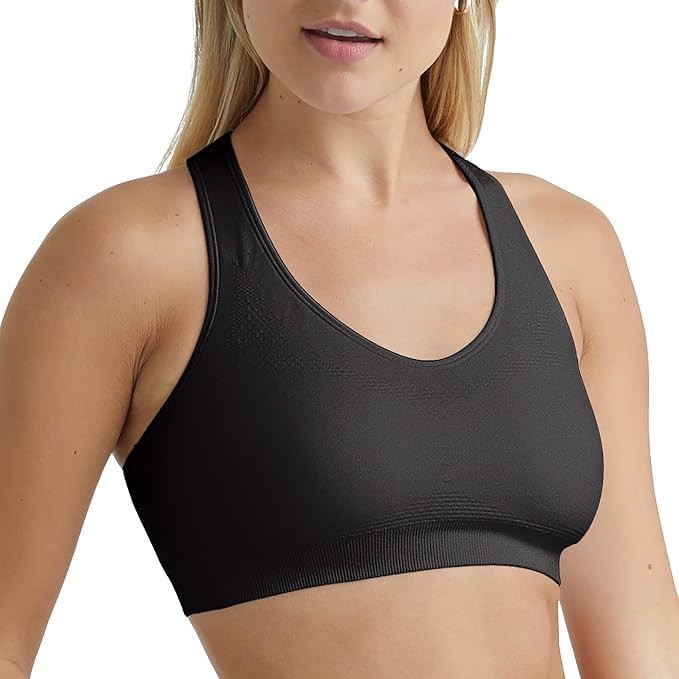 Pack 2 Hanes Racerback Sports Bra JOGBRA Comfort Fit Seamless bra, Black, Large