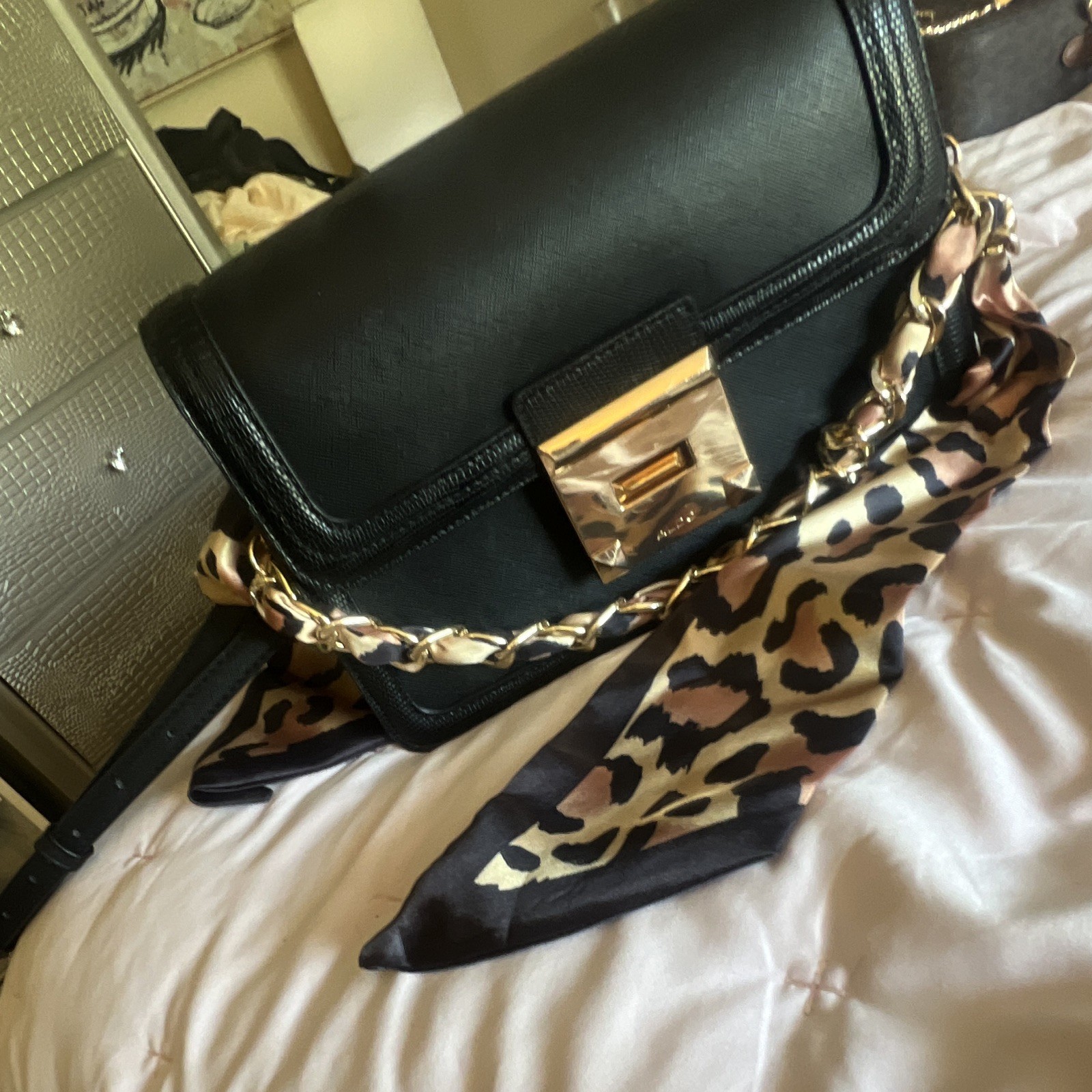ALDO Black Crossbody Bag Turn Lock Gold Hardware Chain Strap Scarf Accent