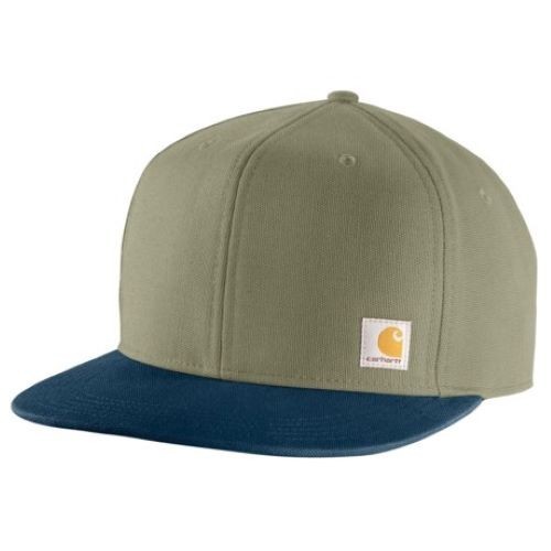 *RARE* Carhartt Canvas Firm DUCK FLAT Brim Bill Trucker Hat Green Olive & Blue