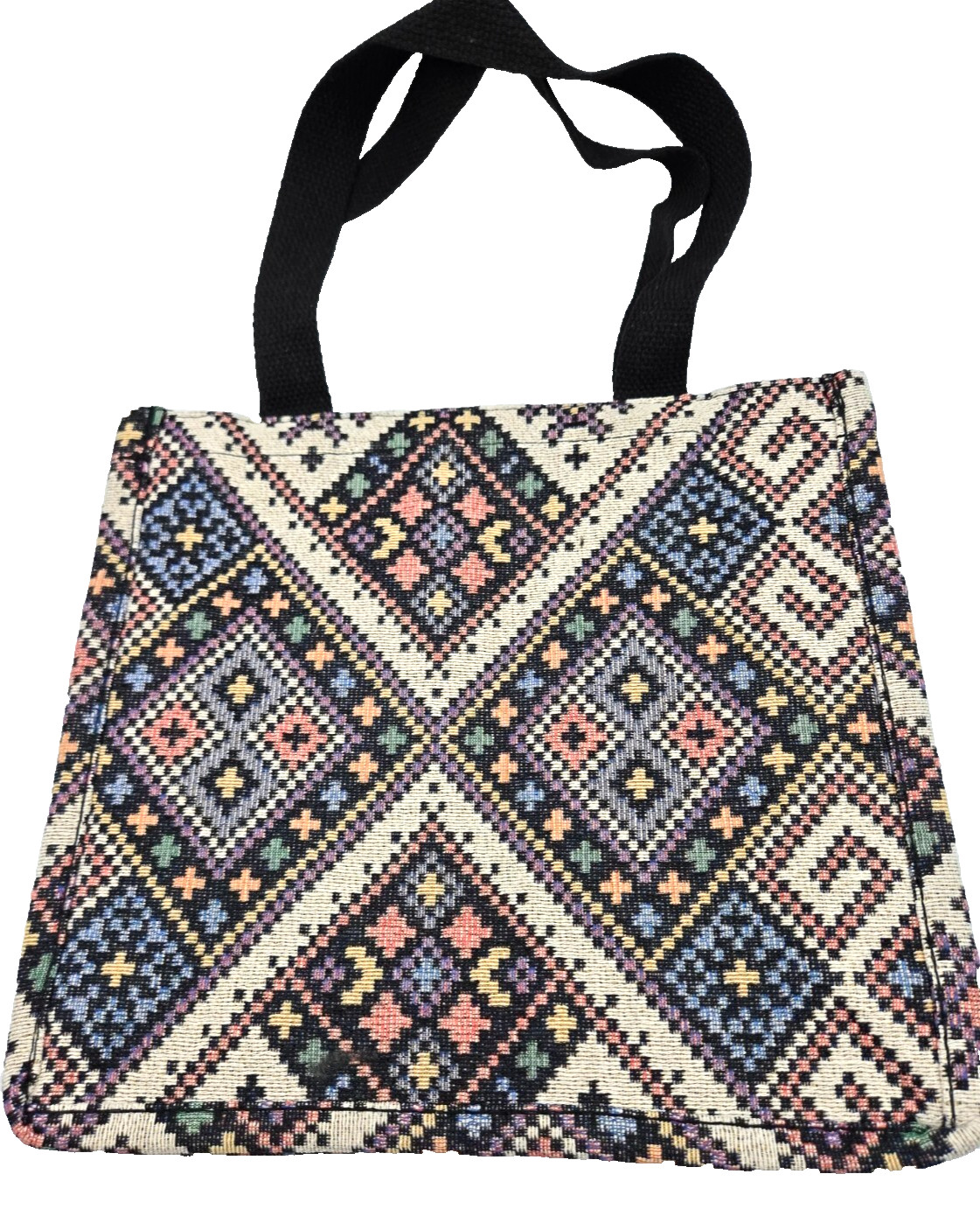Southwestern Woven Geometric Print Tote Bag, Black Straps, 11.5″HX13″WX4.8″D