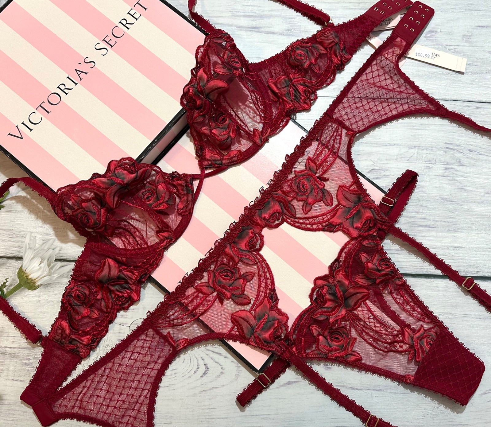 Victoria’s Secret VERY SEXY Red Rose Unlined Low-Cut Demi Bra Garter Thong Set