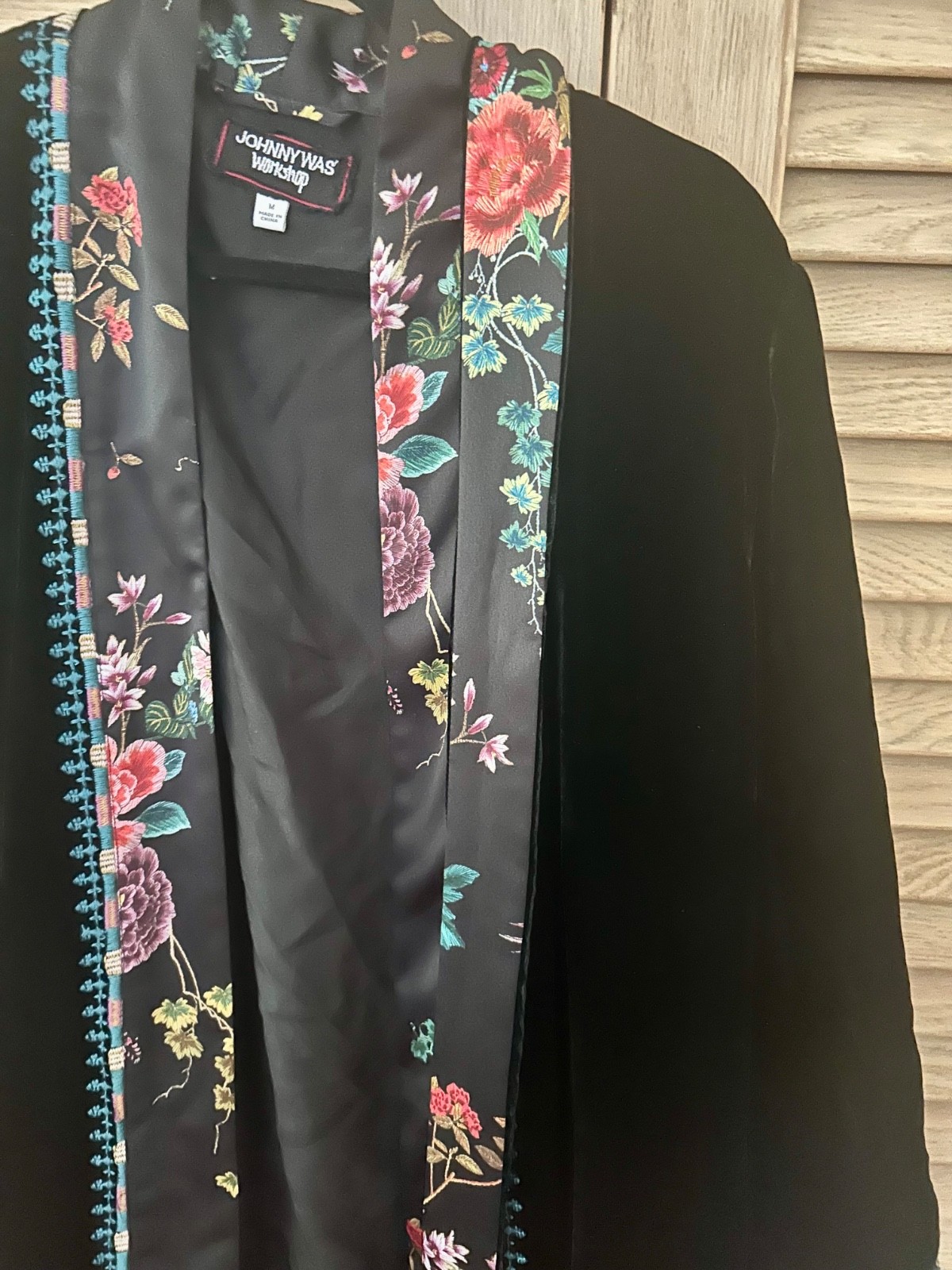 Johnny Was M Medium Black Velvet & Silk Kimono Cardigan Wrap Duster Jacket