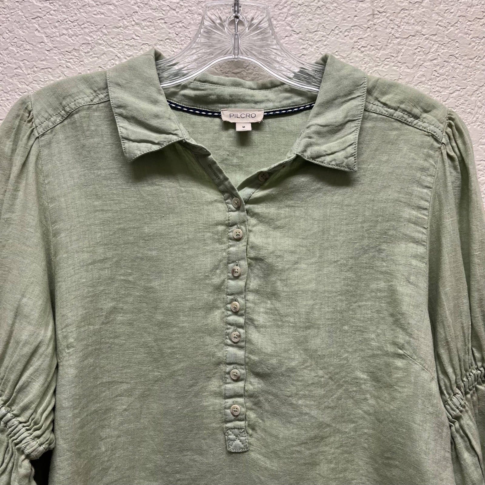 Pilcro Tallulah Double Puff Sleeve Linen Blouse 1/2 Button Mint Womens M