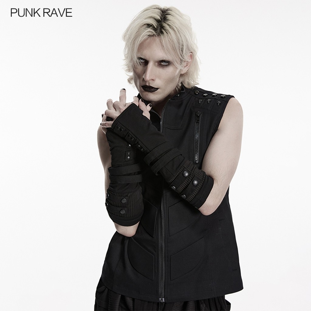 Punk Rave Men Black Goth Cyberpunk Rivets Gloves Steampunk Long Cuff Arm Warmer