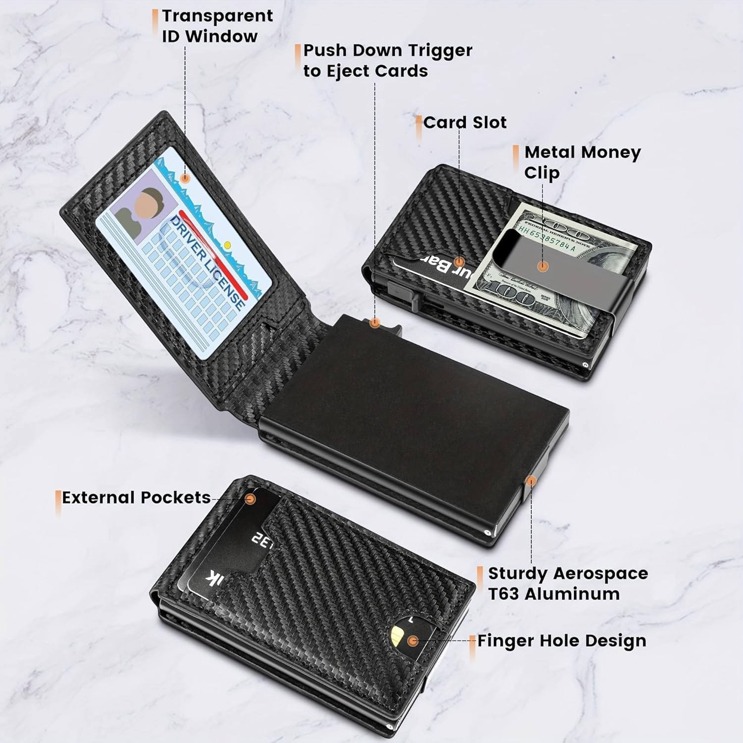 Men’s Slim PopUp Bifold Carbon Fiber Wallet, RFID Blocking, Money Clip, Men Gift
