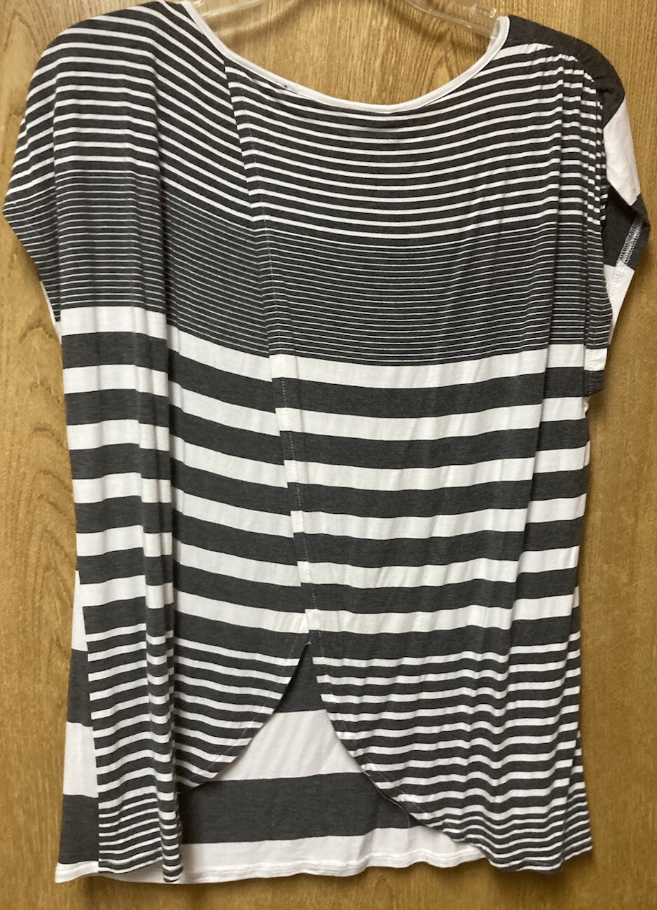 Blue Sacs Fifth Avenue Grey White Striped Cross Over Open Back knit top L 10 12