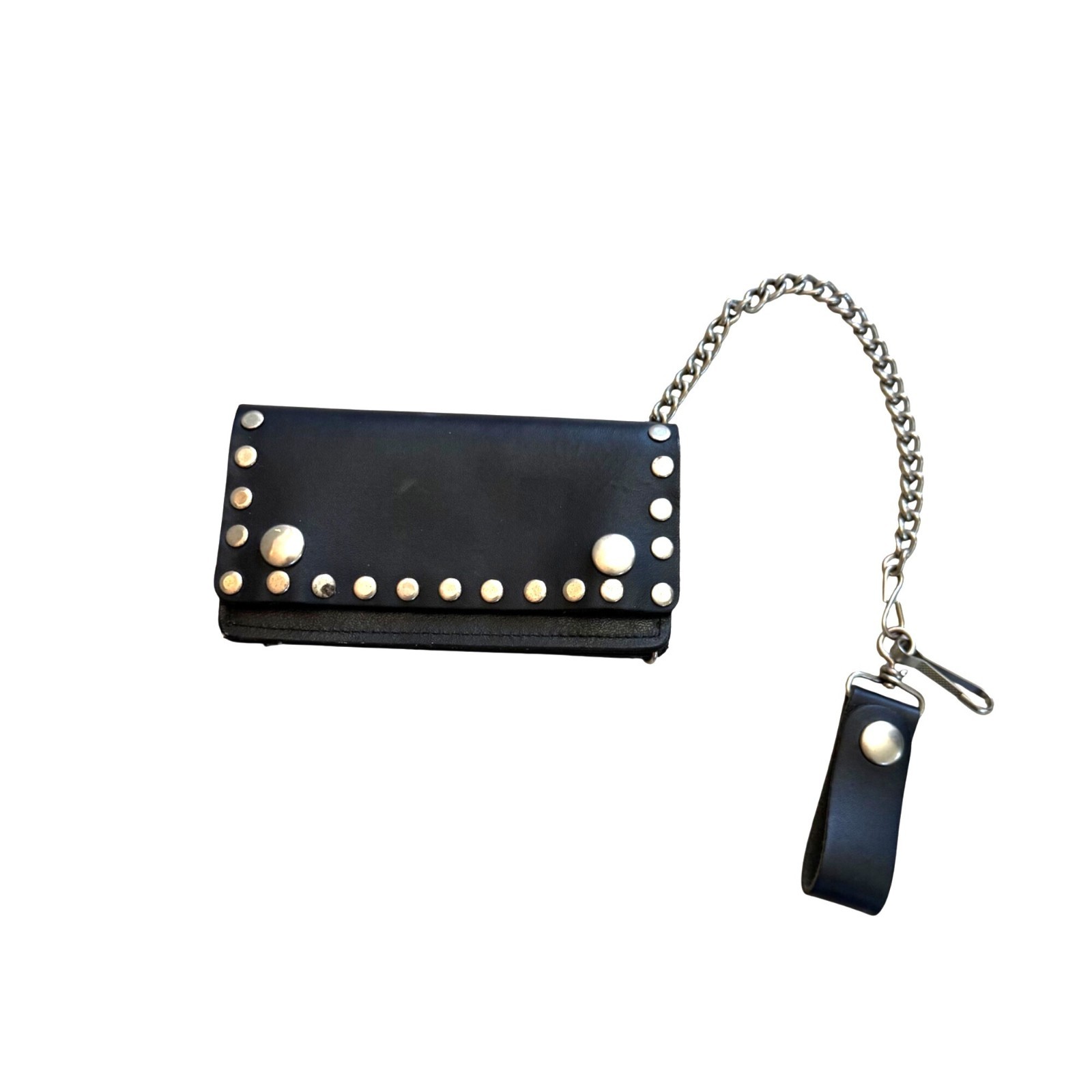 Men’s Leather Wallet Black Rivet Studded Chain Tri-fold Motorcycle Biker Edgy