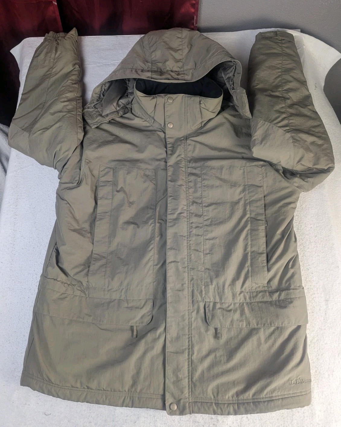 LL Bean Mens XL Primaloft Ski Jacket Hooded Insulated Coat Olive Green Pockets