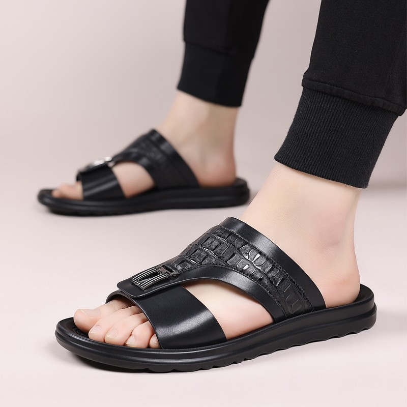 Men’s Croc-Embossed Slide Sandals, PU Leather, Comfort Non-Slip Rubber Sole