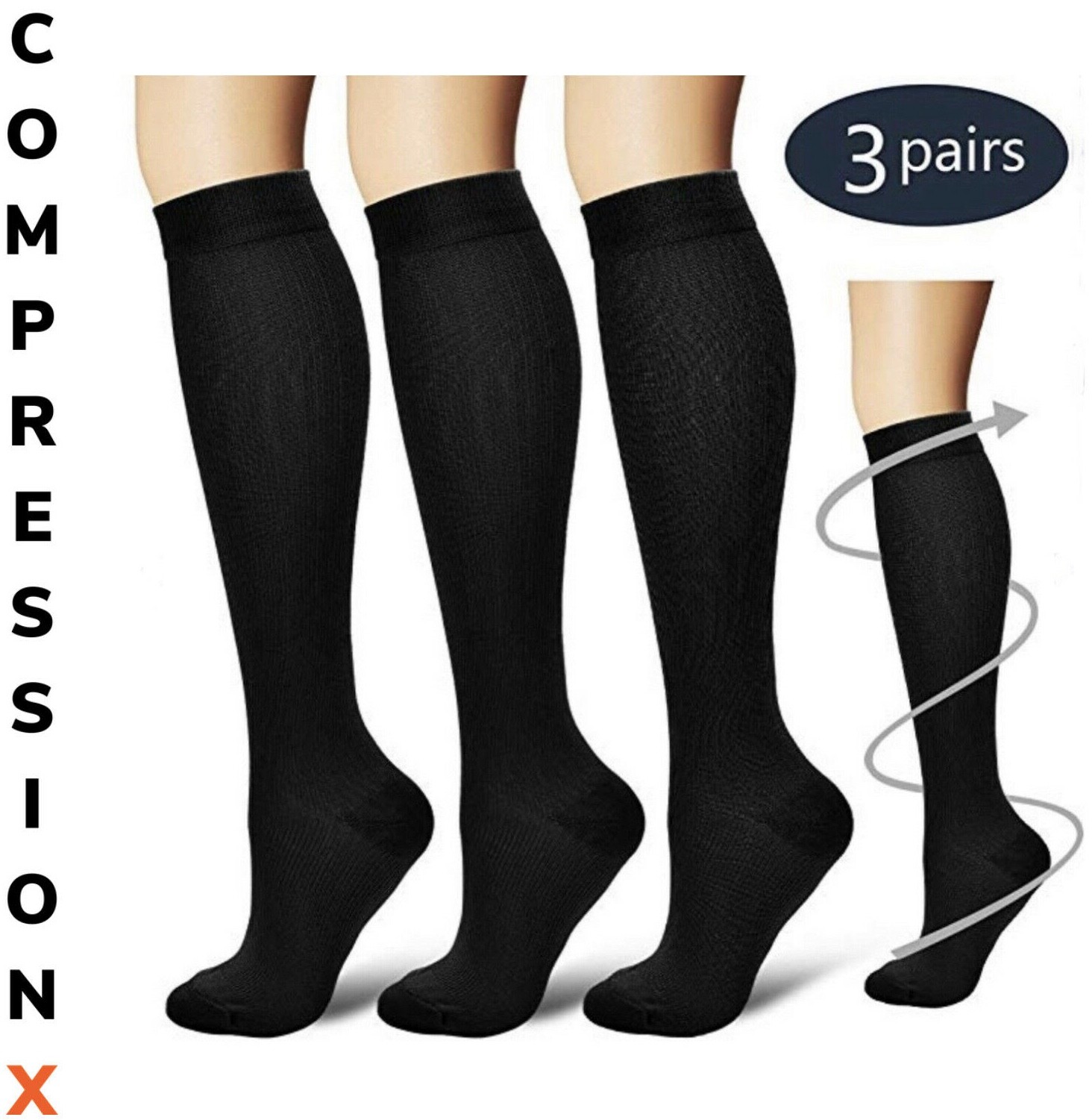 (3 Pairs) S-4XL Compression X Socks Knee High 20-30mmHg Graduated Mens Womens