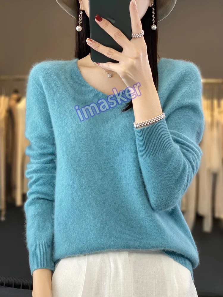 Women’s V-neck Pullover Sweater Knitwear Soft Warm Cashmere Loose Grace Style