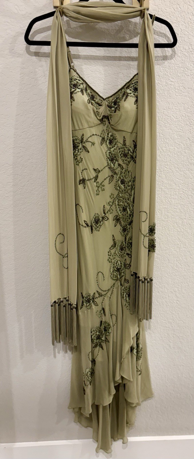 Lillie Rubin 100% Silk Green Beaded Floral Embroidered Dress Size 4 & Scarf