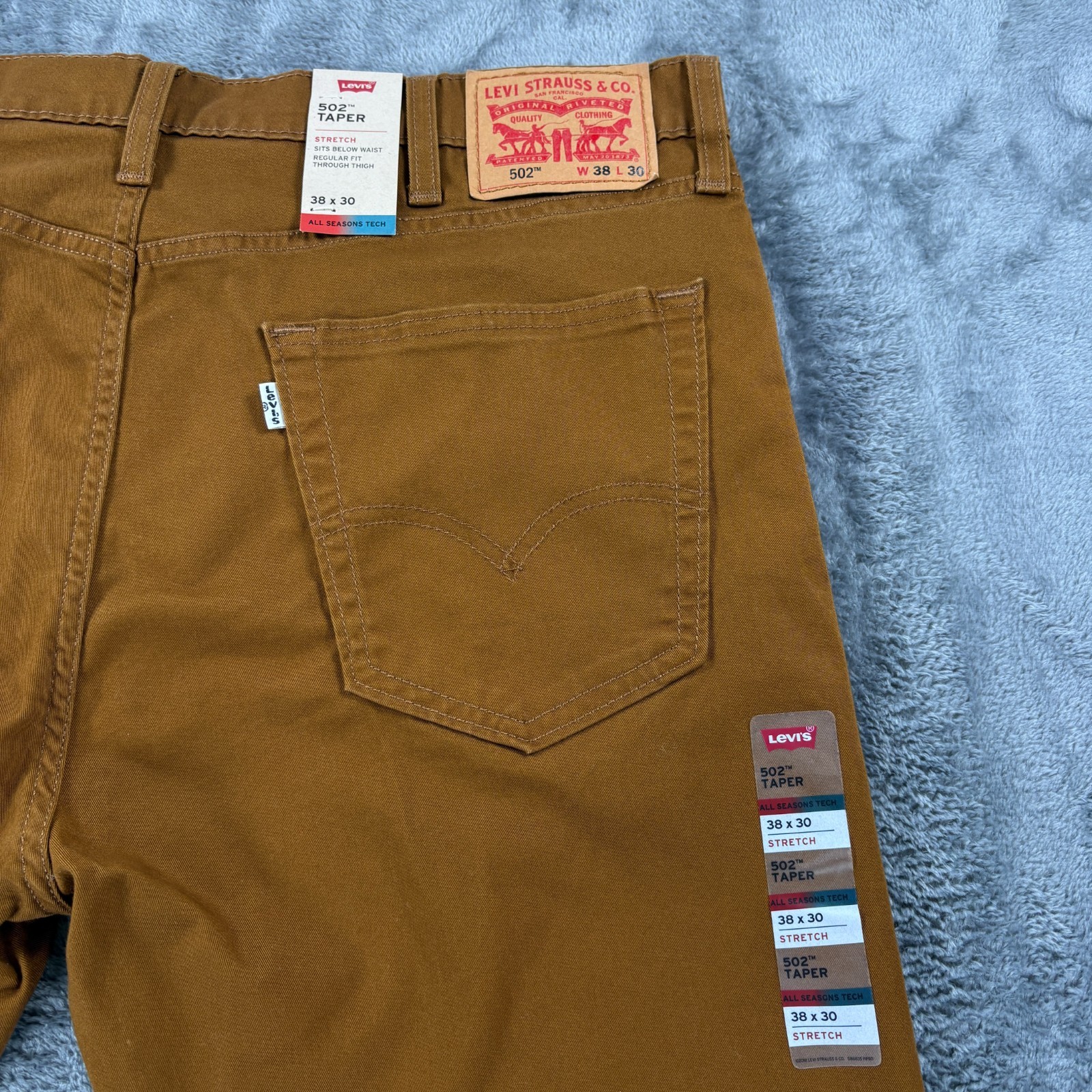 Levis 502 Taper Mens 38×30 Brown Stretch All Seasons Tech Jeans NWT