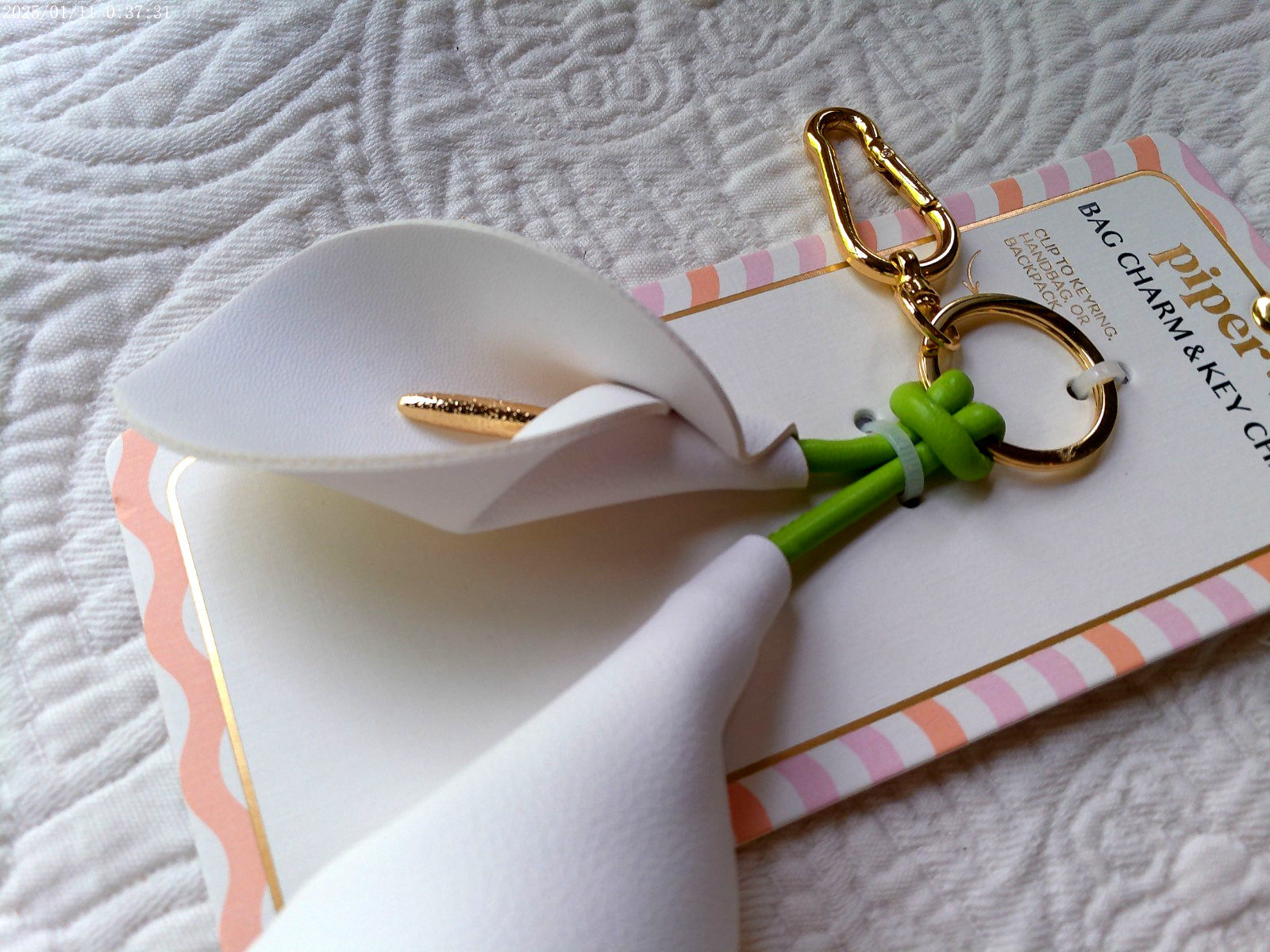 PIPER K BAG CHARM & KEY CHAIN CALLA LILLIES GOLD TONE RING & CARABINER DETAILED