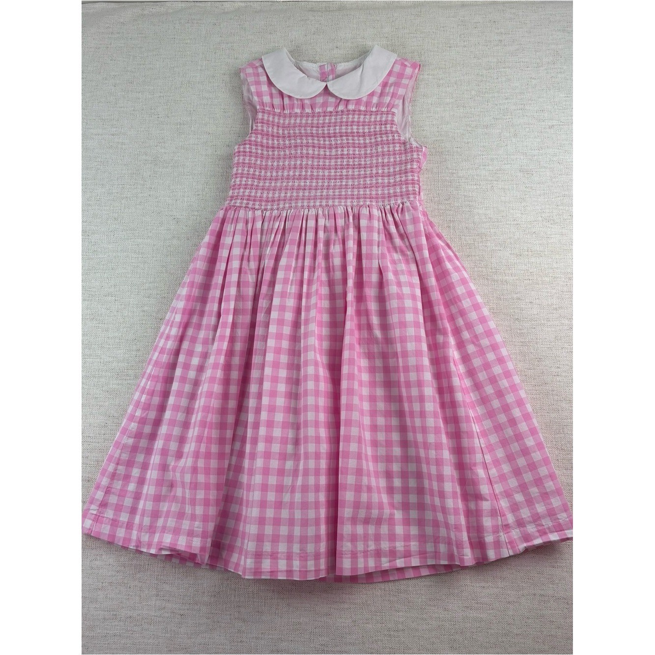 Janie and Jack girls 7 Pink Gingham Sleeveless Smocked Dress Peter Pan Collar