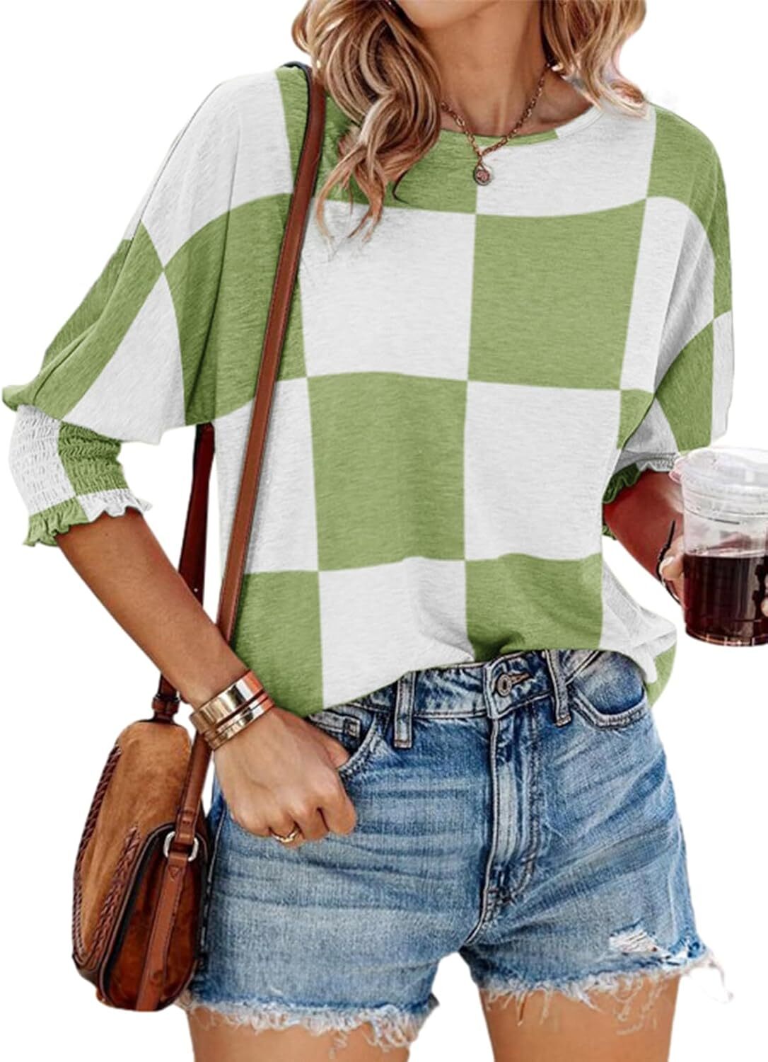 Women’s 3/4 Sleeve Crewneck T-Shirt Casual Loose Fit Soft Basic Blouse Top