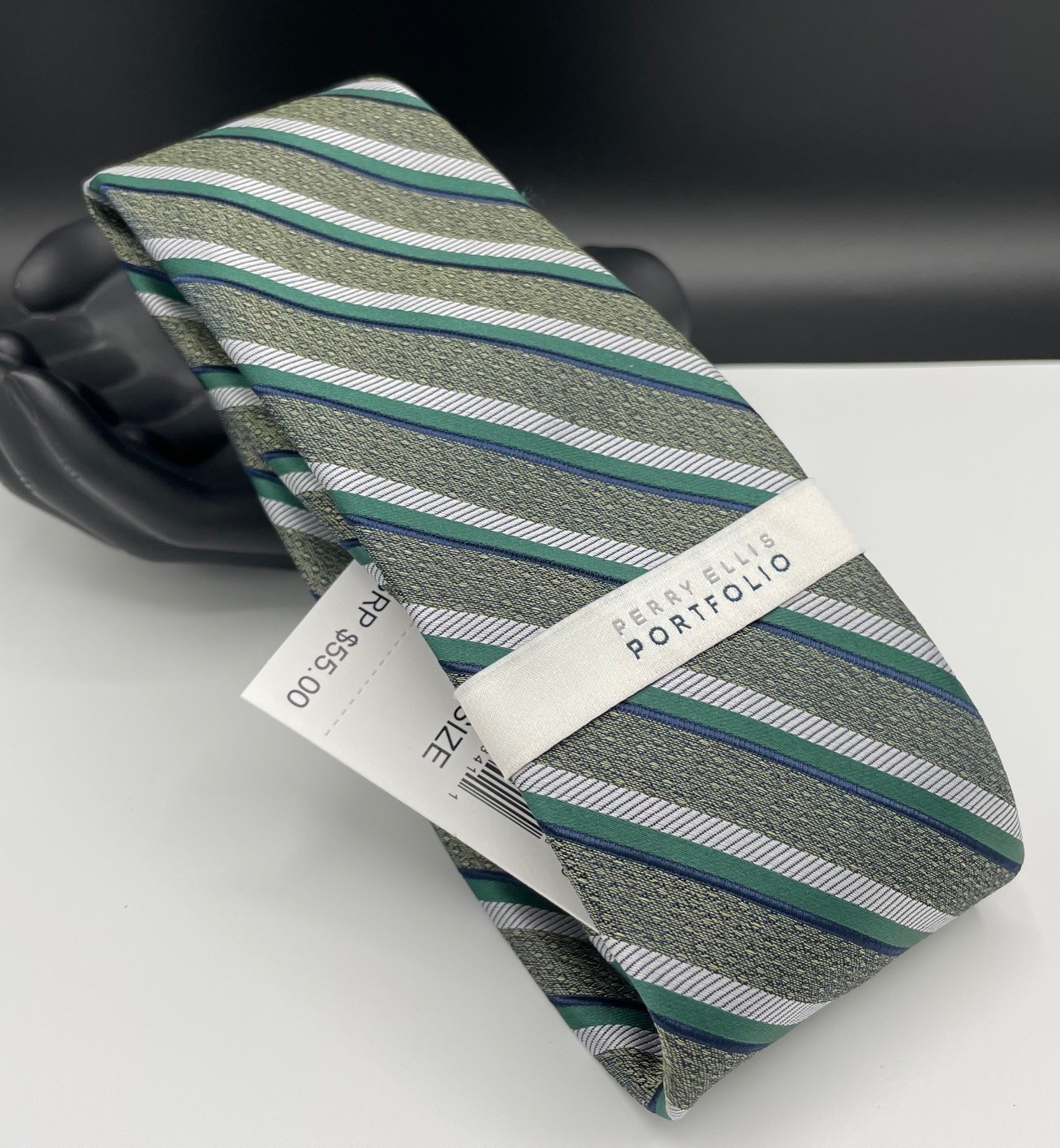 PERRY ELLIS Portfolio Men’s 100% Polyester Tie ~ Hunter Green ~ Arnett Stripe
