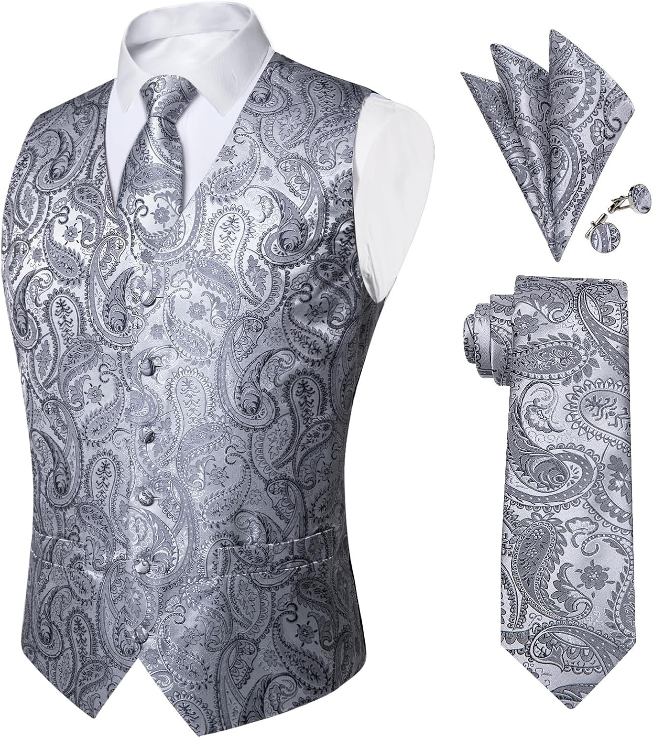 Mens Paisley Silk Vest Tie Pocket Square Cufflinks Set for Wedding Party Formal