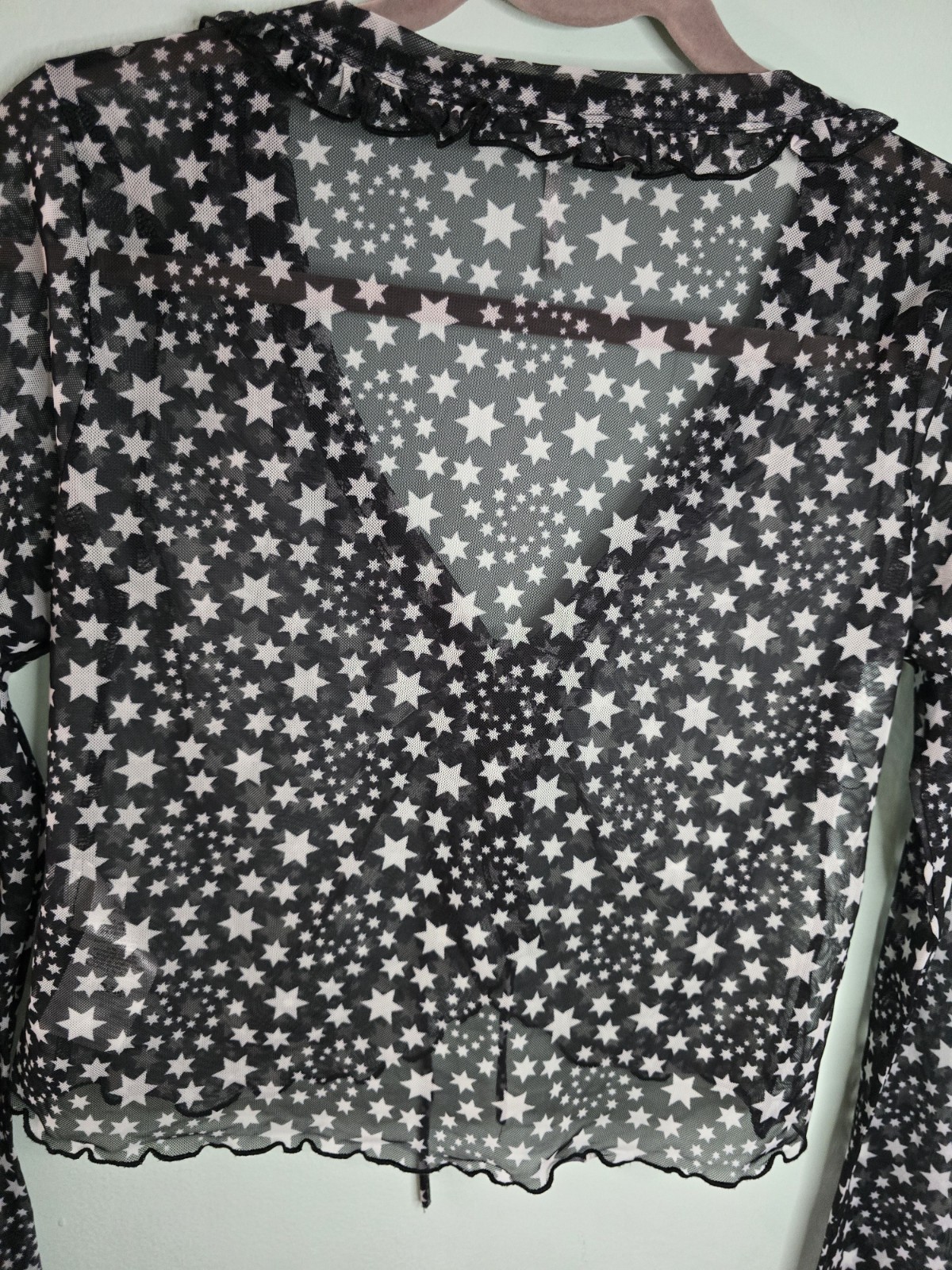 FREE PEOPLE Sheer mesh Black White Star Print Front Tie Marne Top Women’s Size S