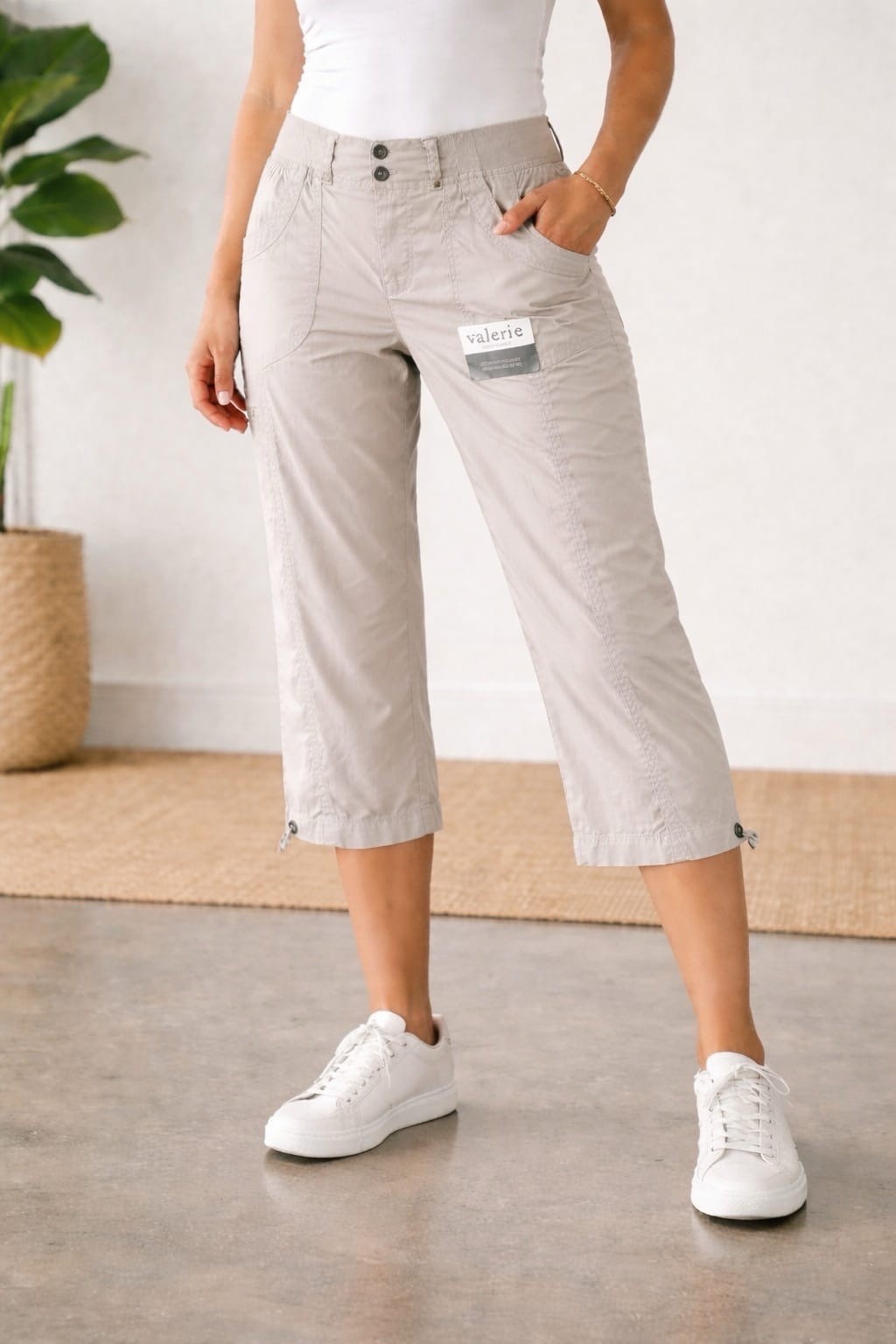 Dash solid cotton pull on front and back pockets elastic waist belt loops Capri
