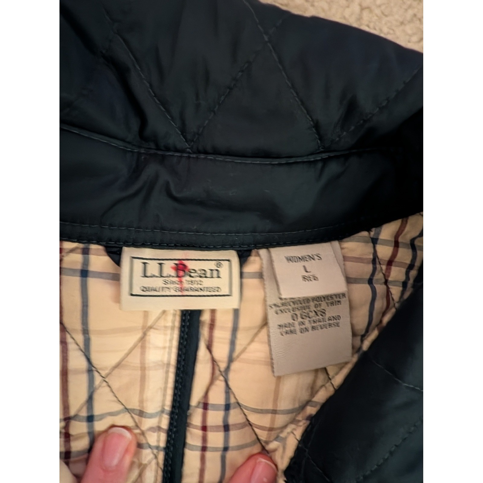 L.L. Bean Women’s Navy Quilted Barn Jacket Plaid Lined Snap Front Coat- L