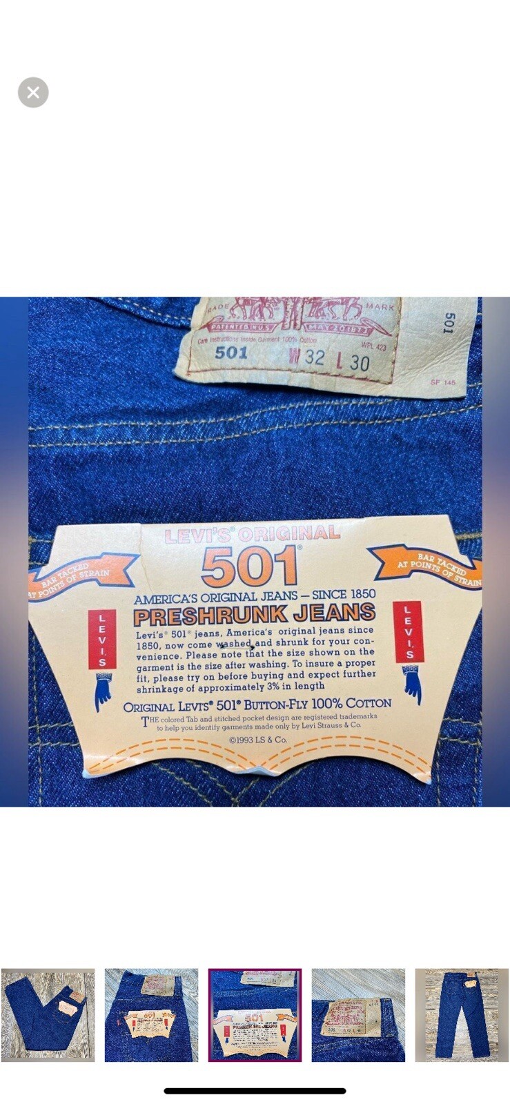 NWT Vintage Deadstock Levi’s 501XX Jeans 32×30 USA Made 1993 Shrink-to-Fit 90s