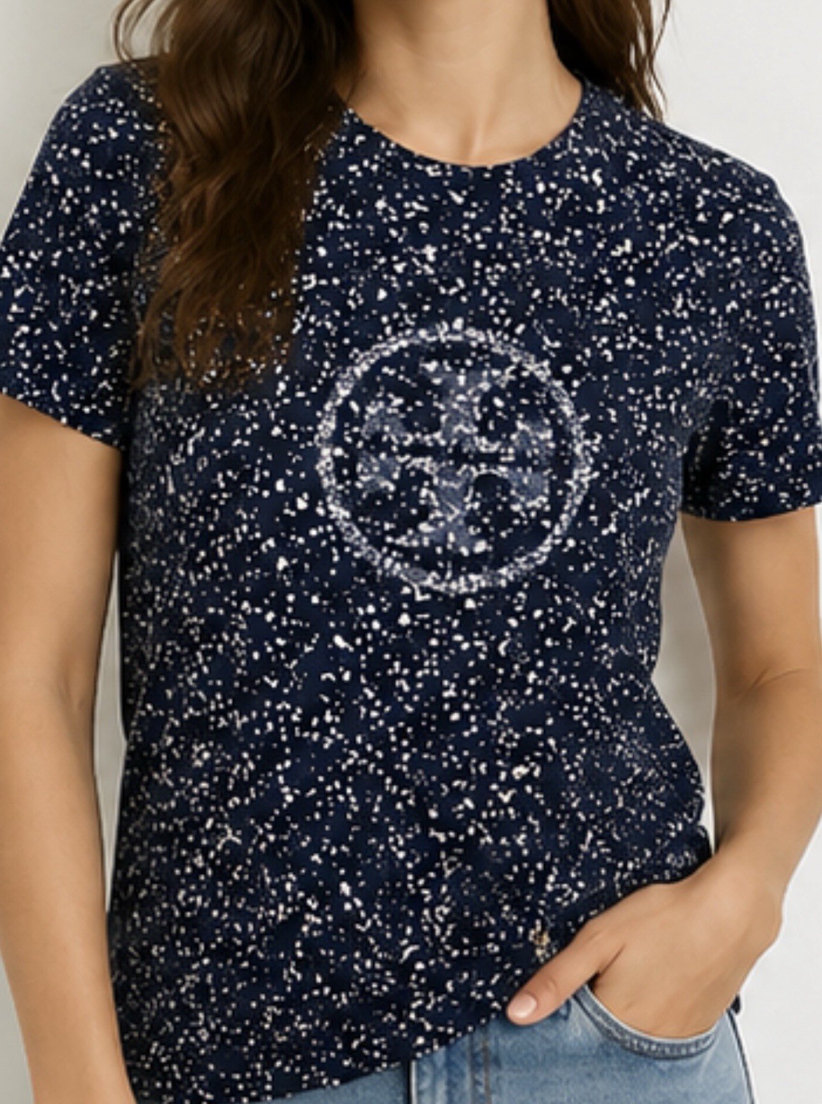 Tory Burch Women’s Navy Blue Speckled Logo T-Shirt Top Size M