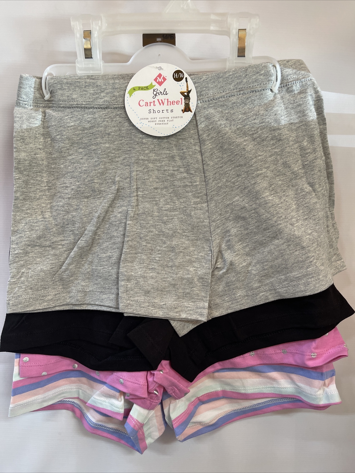 Member’s Mark 4 Pack of Girls Cart Wheel Shorts Size 14/16 Mixed Colors Stretch
